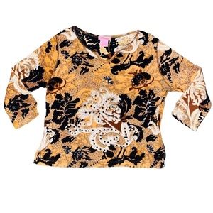 Vintage 2000s Y2K Abstract Paisley Floral Print 3/4 Sleeve Top Shirt